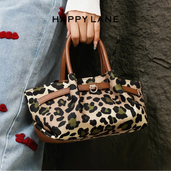 Happy Lane Leopard Print Satchel Crossbody Bag Tan Brown Boho NIP - Picture 2 of 12